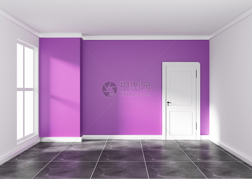 黑色花岗岩地板上有紫墙的空房间3D图片