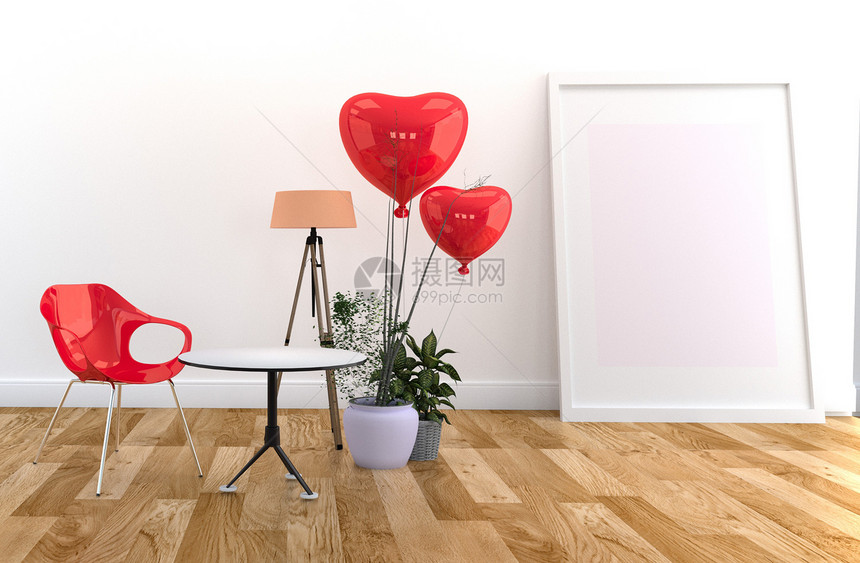 红色椅子和气球白墙上的室内木地板客厅3D图片