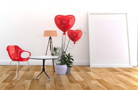 红色椅子和气球白墙上的室内木地板客厅3D背景图片