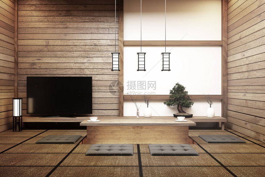 Tvjapn智能电视在日本式的房间桌上有灯和骨盆树3D图片