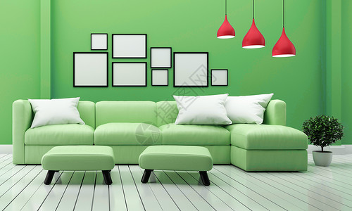 最小设计室内客厅有沙发植物和绿色墙底灯具3D图片
