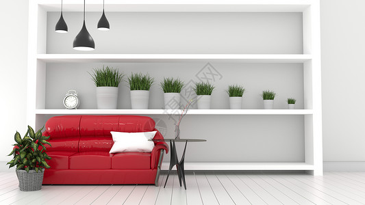 现代房间植物和红沙发背景图片