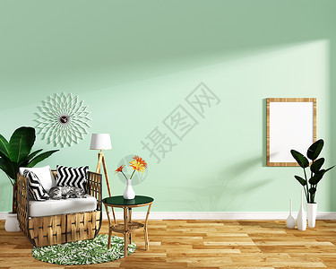 室内现代客厅配有椅子装饰和绿色植物以薄荷瓷质板壁背景最小设计3d铸造图片