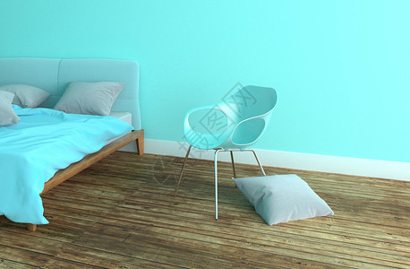 内有蓝床的睡室枕头椅子的枕头墙背景的木地板色椅子墙背景的木地板图片