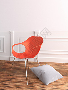 红色塑料椅和白墙背景的枕头3D图片