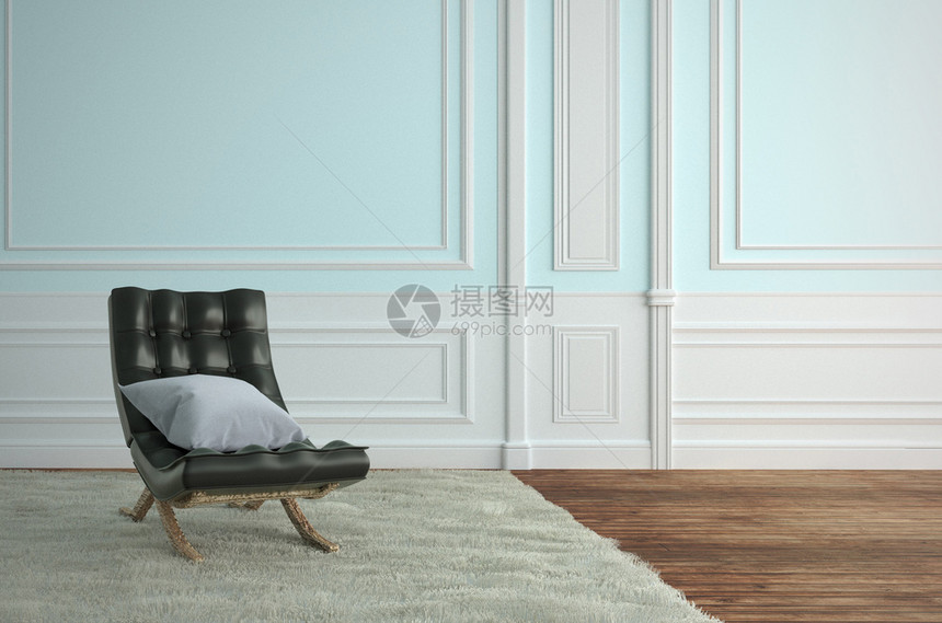 室内有沙发和地毯的起居室内客厅和地毯在蓝色空墙壁背景上的植物3D图片