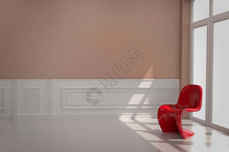 客厅有红椅和墙3D成像图片
