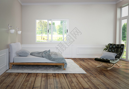 里面有白色床和地毯有灯沙发木地板黑墙背景图片