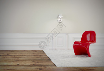 客厅有张漂亮的红椅子木地板和白墙3D成像图片