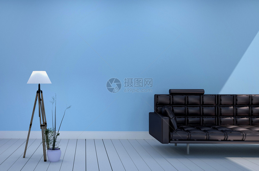 室内空房设计间有黑色沙发灯和植物浅蓝色墙底图片