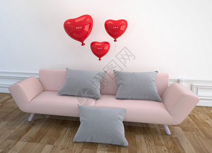 现代客厅设计粉色沙发枕头气球空白墙上的木地板图片