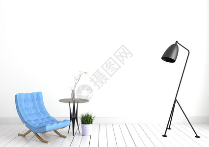 室内现代起居装有蓝色沙发灯和玻璃桌上的植物面壁是蓝色的空底3D图片