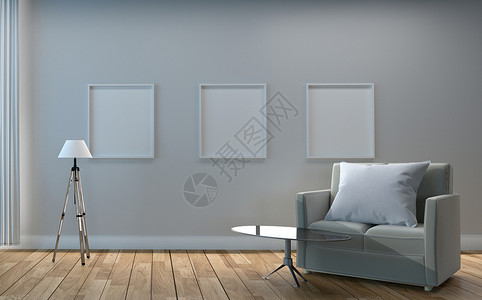 沙发和照片空白墙背景的木地板3D图片