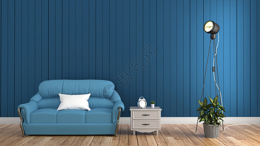 现代客厅室内和蓝色墙上软沙发3d图片