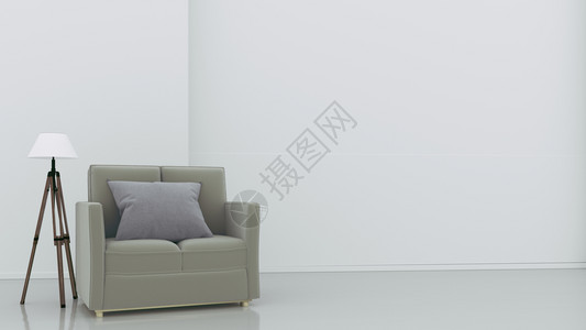 室内有一张沙发和灯在空白墙背景上3d图片