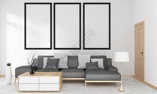 位于客厅的灰色沙发用来模拟日本现代风格3D铸造图片