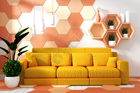 3d纹身素材室内现代起居装有手椅饰和绿色植物在六角黄色和橙纹身墙壁背景最小设计3d铸造上背景