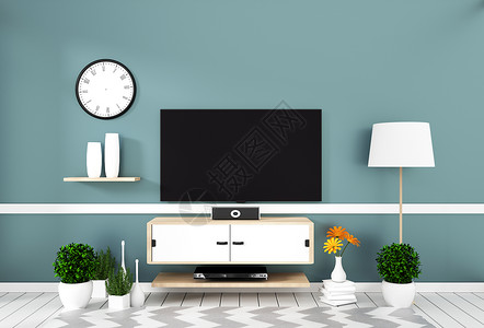 白色木制地板模型的壁薄膜上挂着空白屏幕的智能电视3D图片