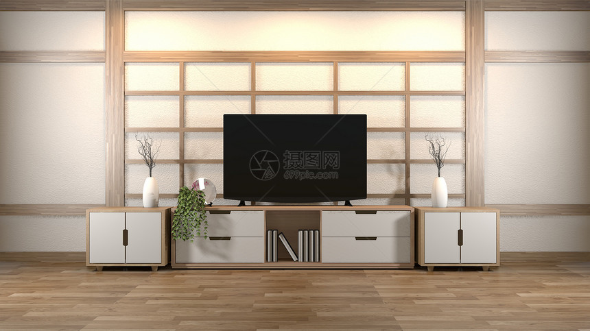室内设计现代客厅智能电视桌子滑板木地和白色墙的室内设计图片