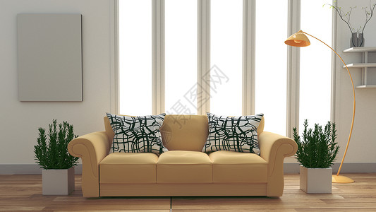 白色房间里有黄沙发和植物的现代室内房3D图片