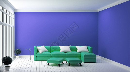 设计蓝色墙上的薄荷沙发设计概念现代内部3d图片