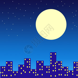 夜间的城市与月亮对天图片