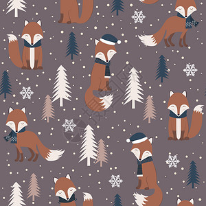 圣诞节狐狸圣诞节无缝模式包括温暖的狐背景冬季模式包装纸填充冬季问候网页背景圣诞节和新年贺卡插画