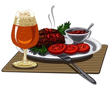 热肉切片番茄酱和啤酒图片