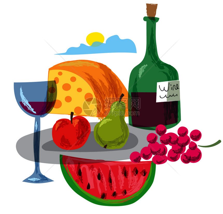 水果和葡萄酒插图图片