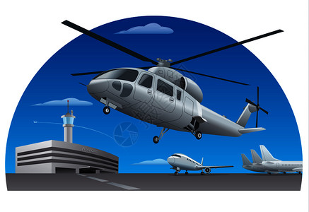 直升机在飞行在机场飞行直升机插画