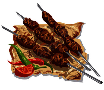 干锅带皮牛肉美味的烤肉串插画