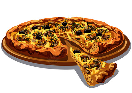 一片披萨木板上配有蘑菇橄榄和奶酪的披萨设计图片