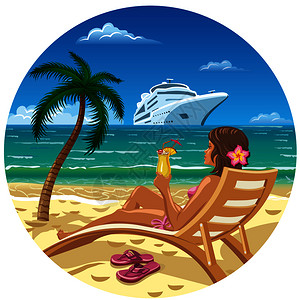 泳装性感女孩手拿饮料女孩在沙滩的休息椅上喝饮料插画