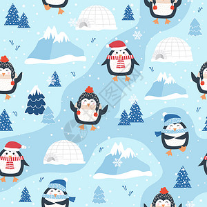 蓝色企鹅圣诞节卡通可爱的企鹅插画