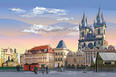 欧洲城市风景城市风景矢量插画插画