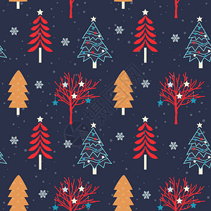 云杉树圣诞树无缝模式背景包装纸模式填充冬季问候网页背景圣诞节和新年贺卡插画