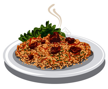 干锅带皮牛肉以热扁豆和大米羊肉盘上胡萝卜为例插画