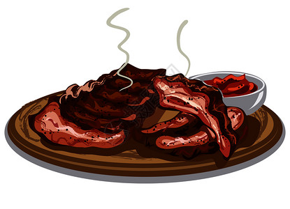 腌制肉木板上加番茄酱的烧烤备用肋骨插图插画