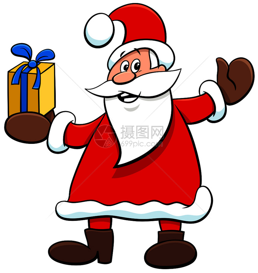 在圣诞节日用礼物展示奇特的圣达克劳斯角色的漫画插图图片