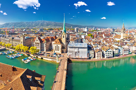 施韦兹苏黎世和利马特河水边空中全景瑞士最大的城市背景
