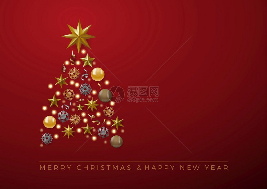 矢量抽象覆盖金色圣诞树文本在红色背景上图片