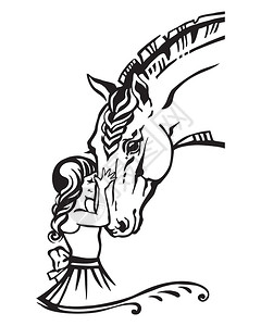 女孩拥抱马头和的侧写中单色装饰肖像白背景上的黑矢量孤立插图设计和纹身的卡通插图背景图片