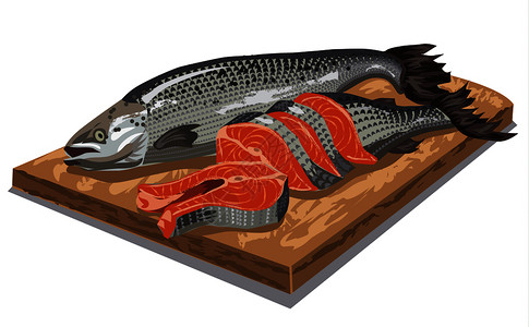 加工海鲜木板上的生切片鲑鱼插画