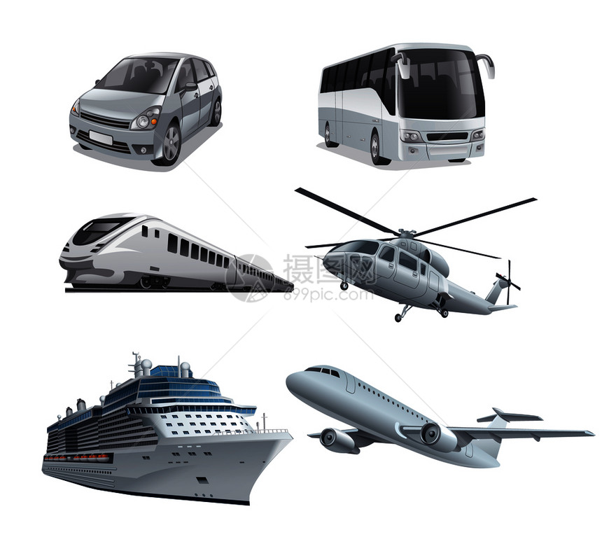 不同运输方式汽车火公共汽游轮飞机的说明图片