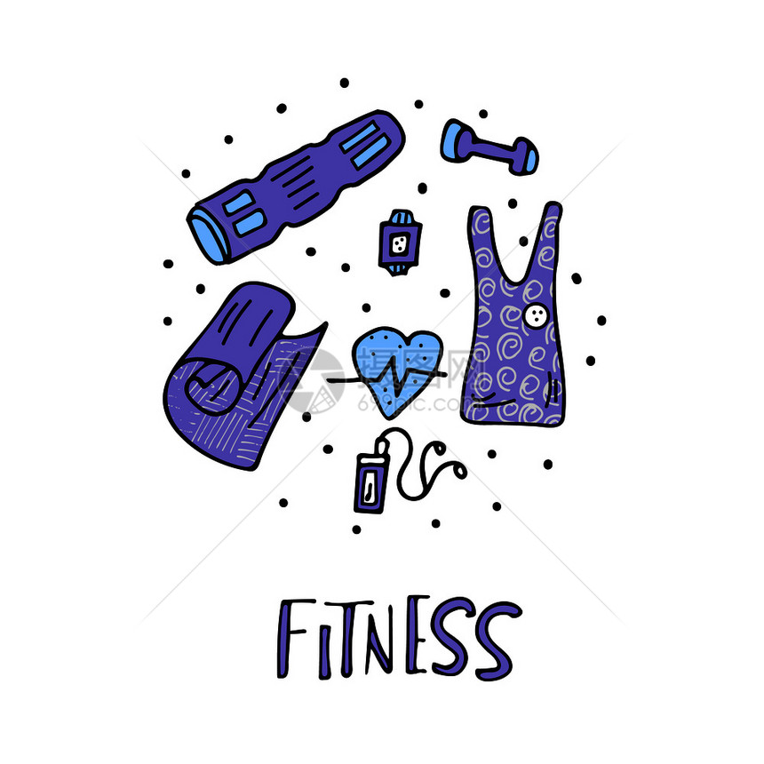 运动工具涂鸦风格的符号健身矢量概念海报横幅贺卡印刷孤立符号图片
