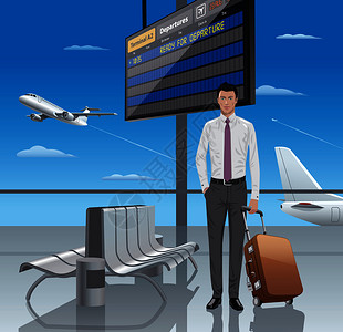 青年男子出机场旅行者的例子背景图片
