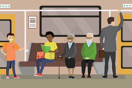 地铁下车厢不同年龄乘客的往返卡通图背景图片