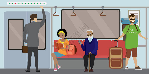 全国范围内运送乘客的列车地铁列车内现代人物卡通图插画