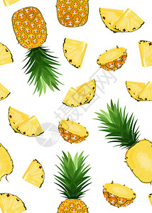 菠萝白底白底的菠萝水果和切片无缝图案夏季背景ans水果矢量图解插画