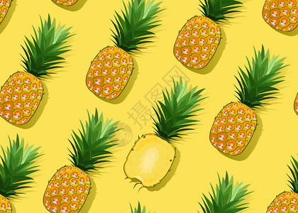 菠萝无缝图案整个和纵向图案黄色背景夏季水果矢量插图背景图片